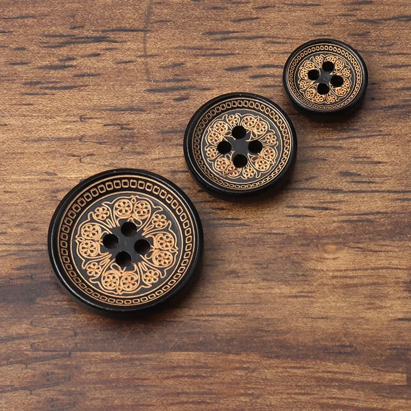 12/15/21mm Vintage Round 4-Hole Black Painted Laser-Carved Flower Wood Buttons