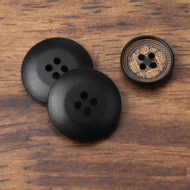 12/15/21mm Vintage Round 4-Hole Black Painted Laser-Carved Flower Wood Buttons
