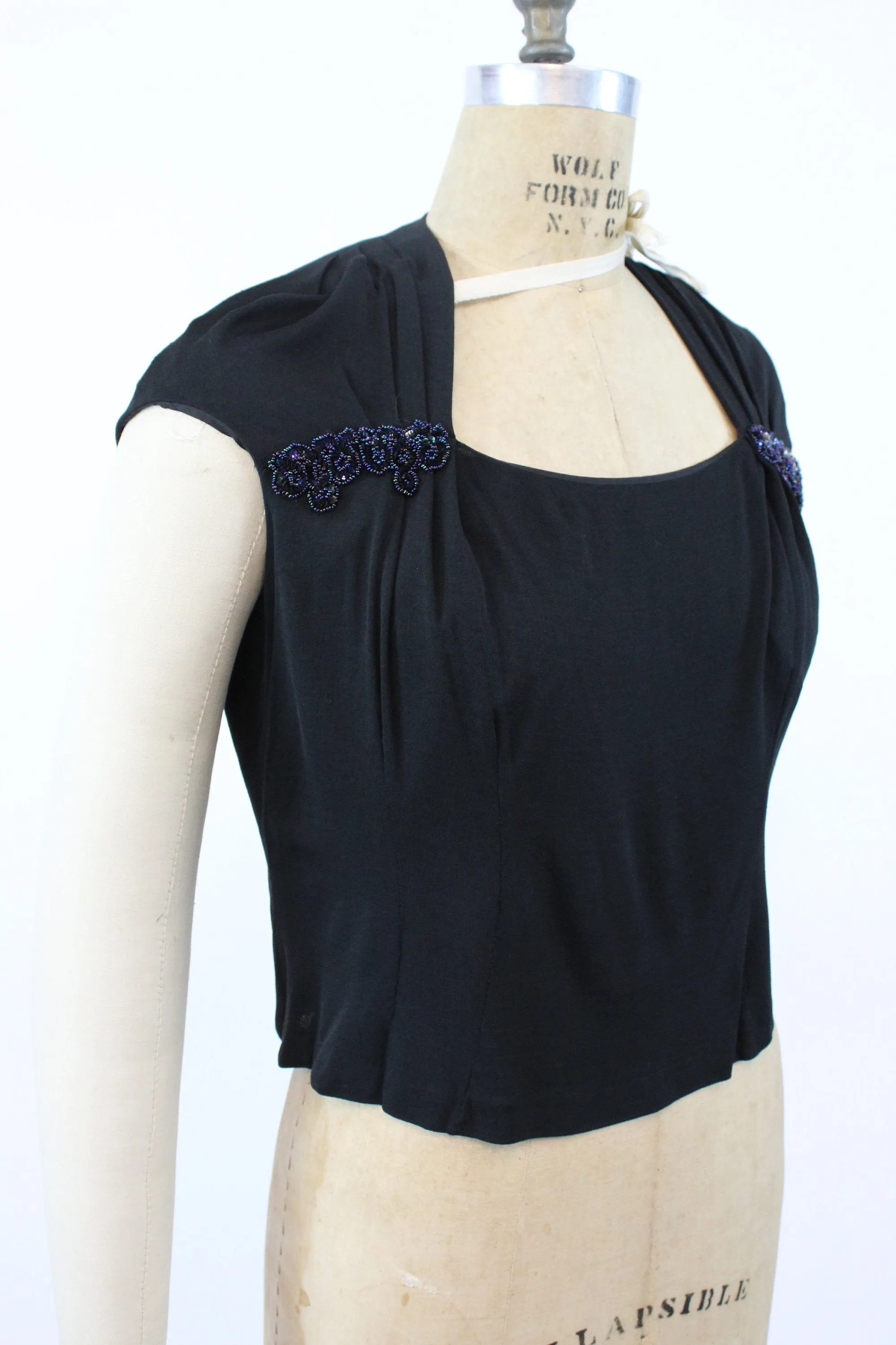 1950s sequin gathered blouse rayon jersey blouse large | new fall