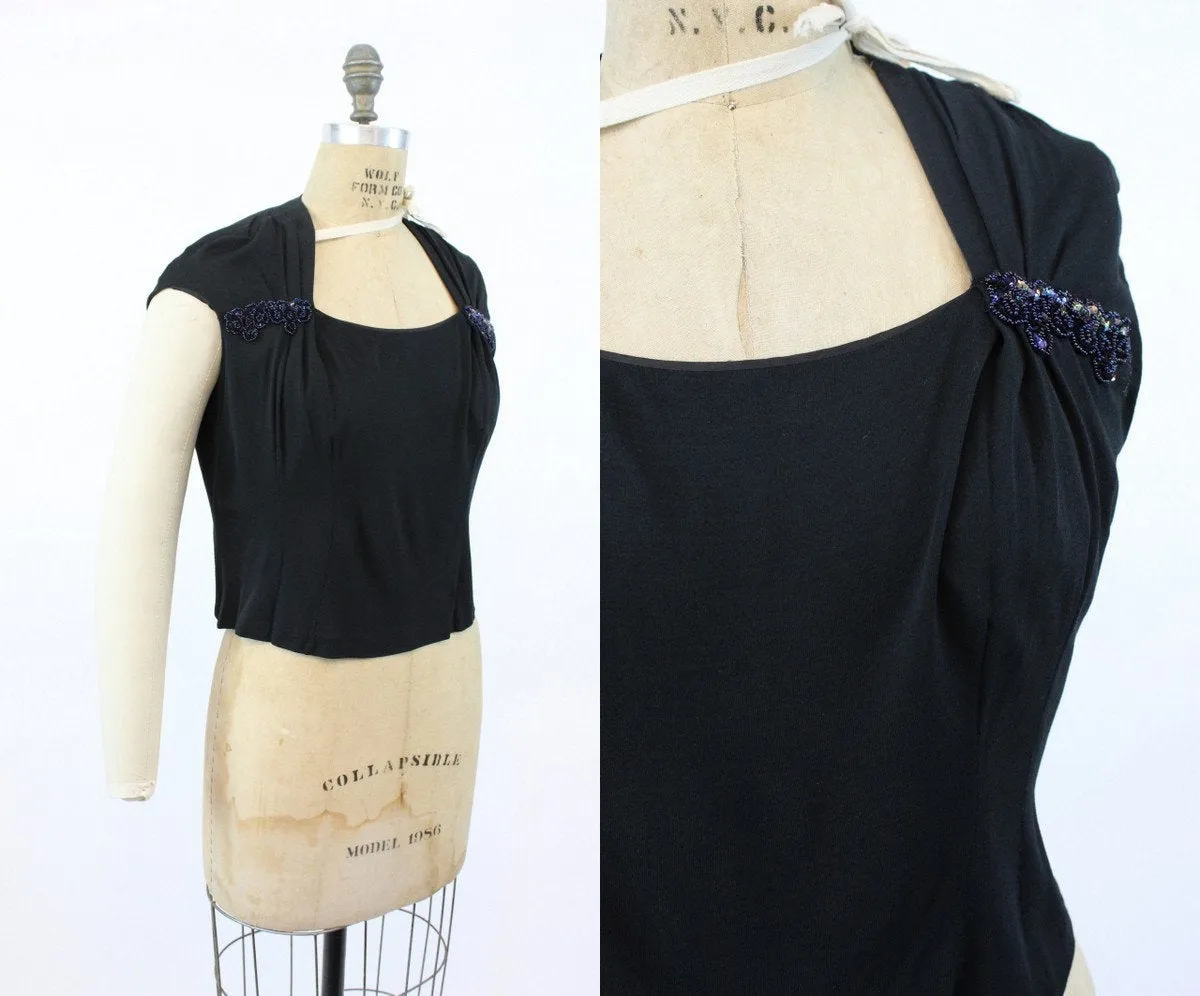 1950s sequin gathered blouse rayon jersey blouse large | new fall