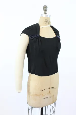 1950s sequin gathered blouse rayon jersey blouse large | new fall