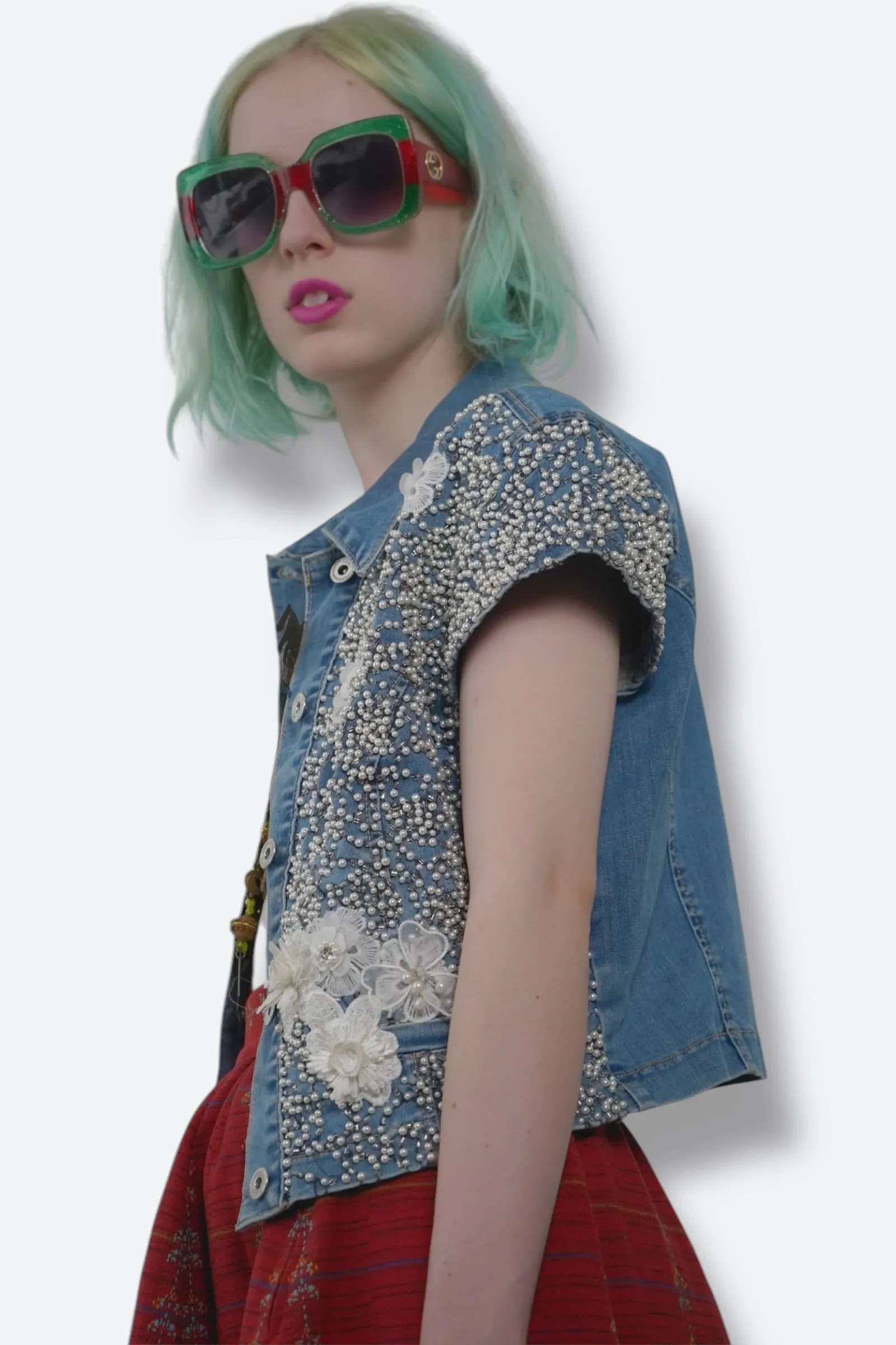 1980s Pearl Denim Embroidered Bolero Jacket