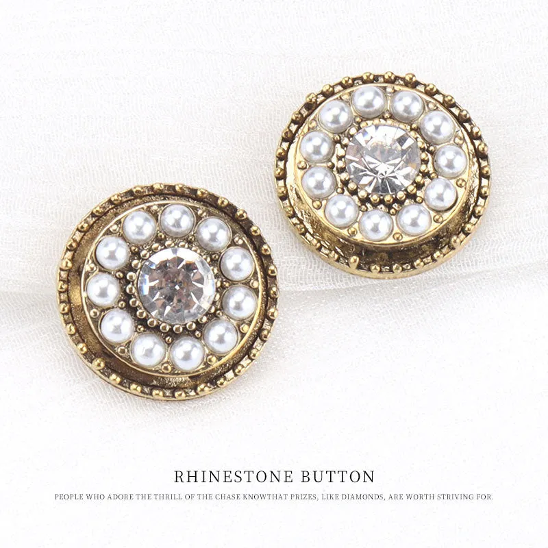 20mm Round Vintage Antique Gold Pearl Rhinestone Metal Shank Button 6pcs