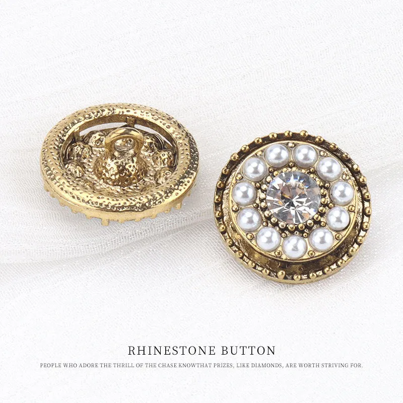20mm Round Vintage Antique Gold Pearl Rhinestone Metal Shank Button 6pcs