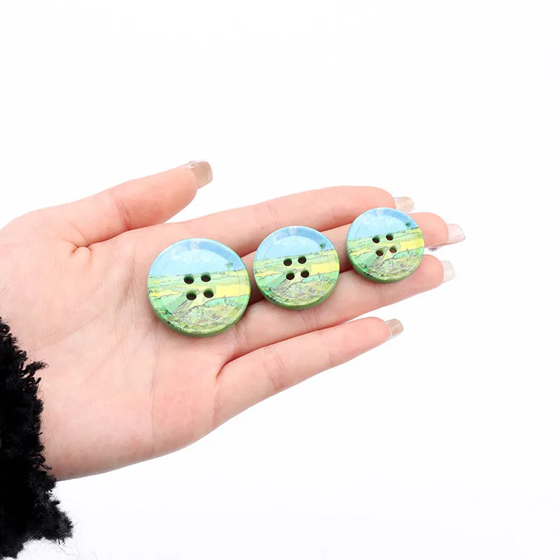 23/25/30mm Round Four Hole Resin Buttons with Oil Painting Prints 20pcs