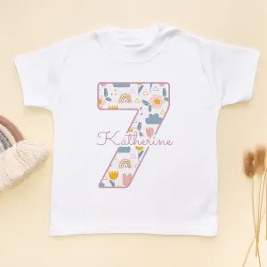 7th Birthday Boho Rainbow Theme Personalised Kids T Shirt