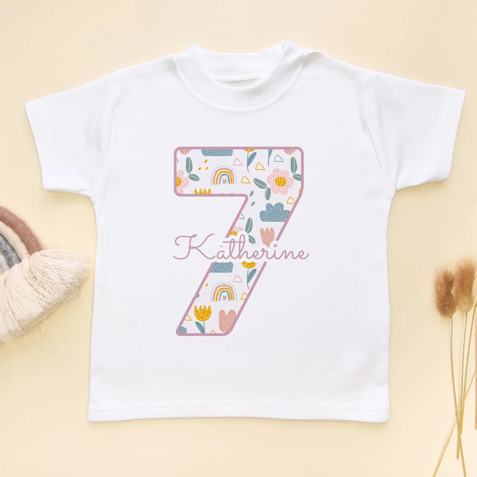7th Birthday Boho Rainbow Theme Personalised Kids T Shirt