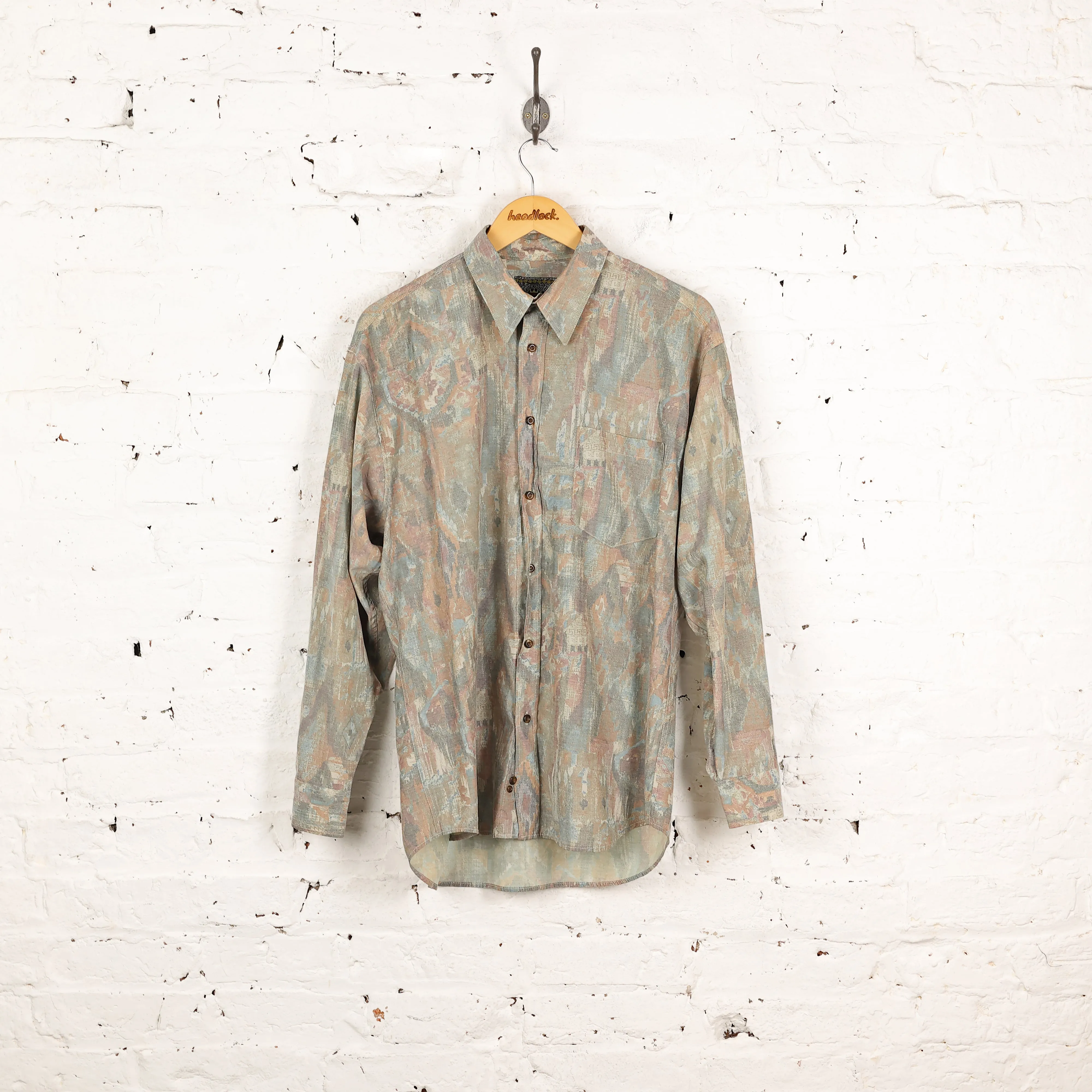 90s Long Sleeve Pattern Shirt - Green - S