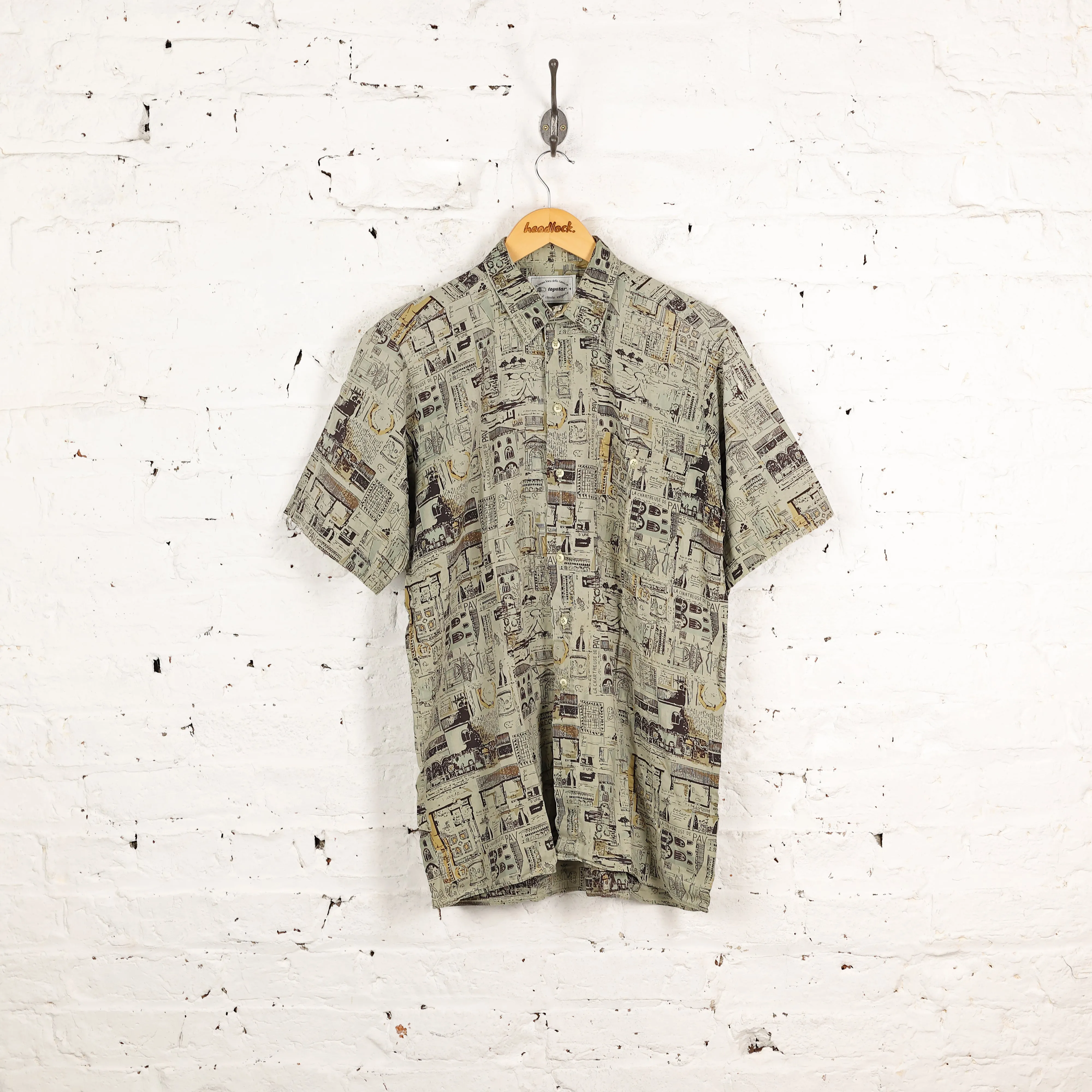 90s Picture Pattern Shirt - Green - M