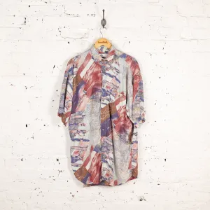 90s Short Sleeve Pattern Shirt - Blue - XL
