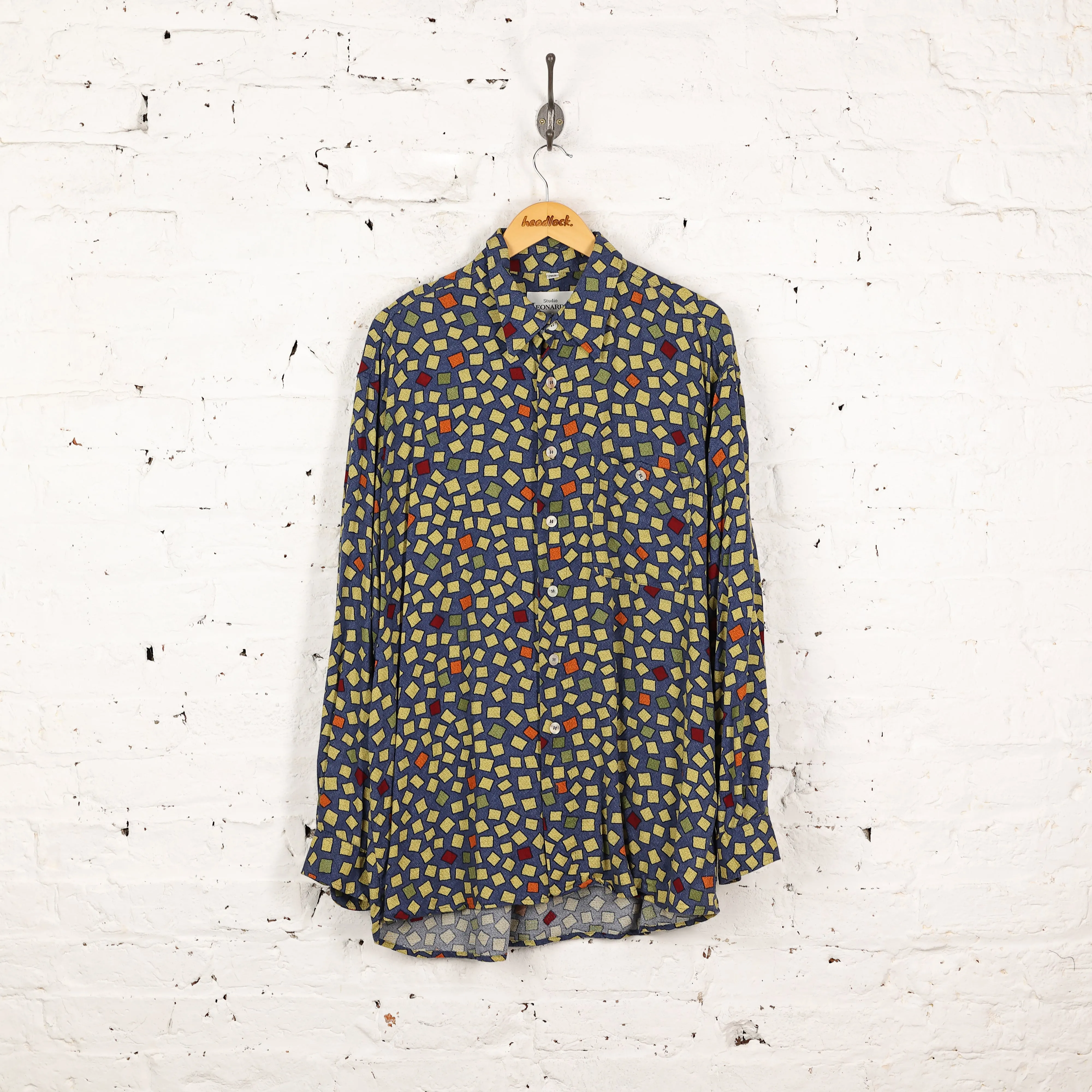 90s Squares Pattern Long Sleeve Shirt - Blue - XL