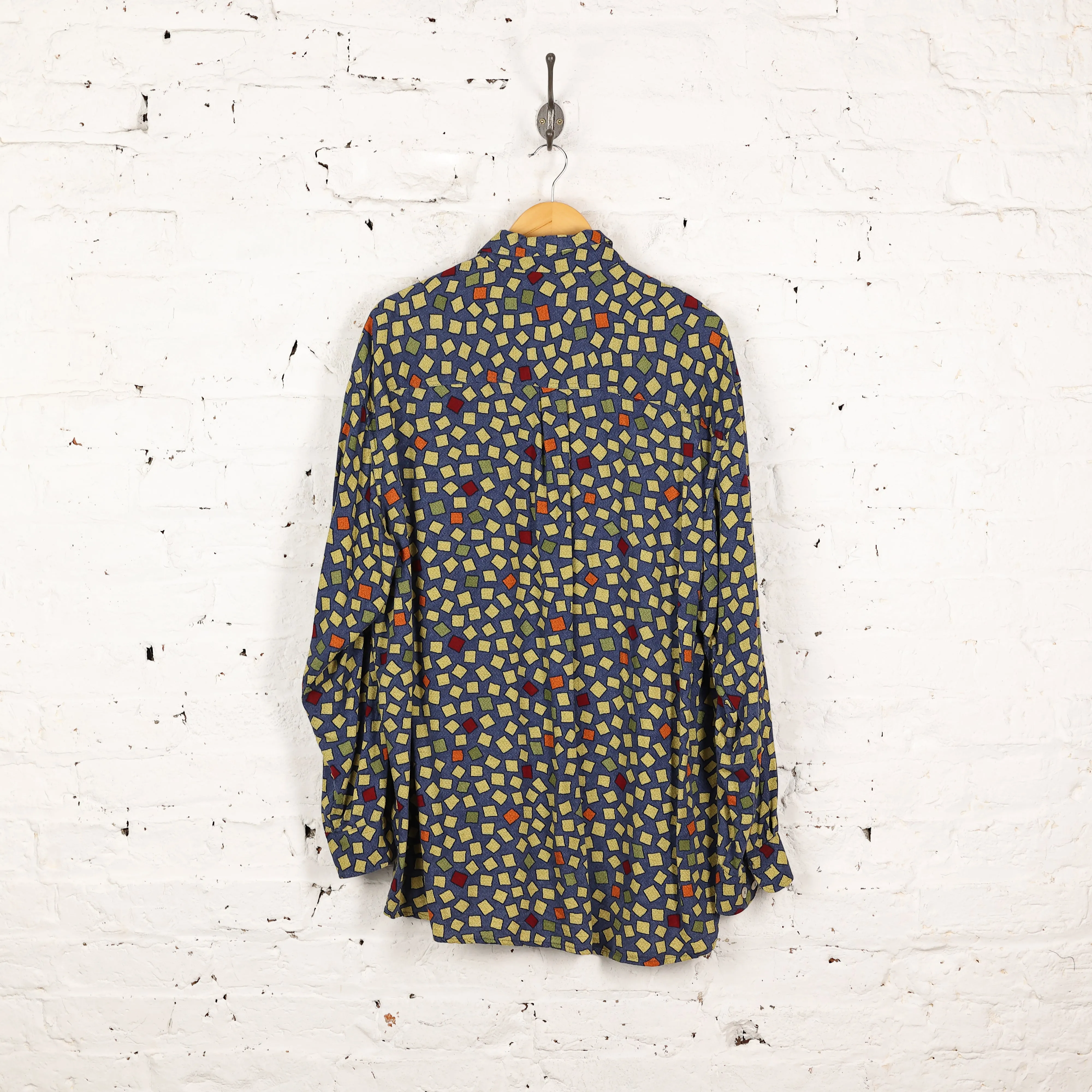 90s Squares Pattern Long Sleeve Shirt - Blue - XL