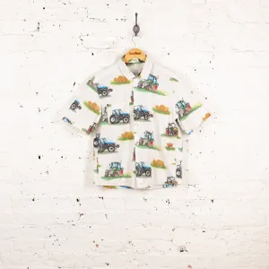 90s Tractors Pattern Shirt - White - XS