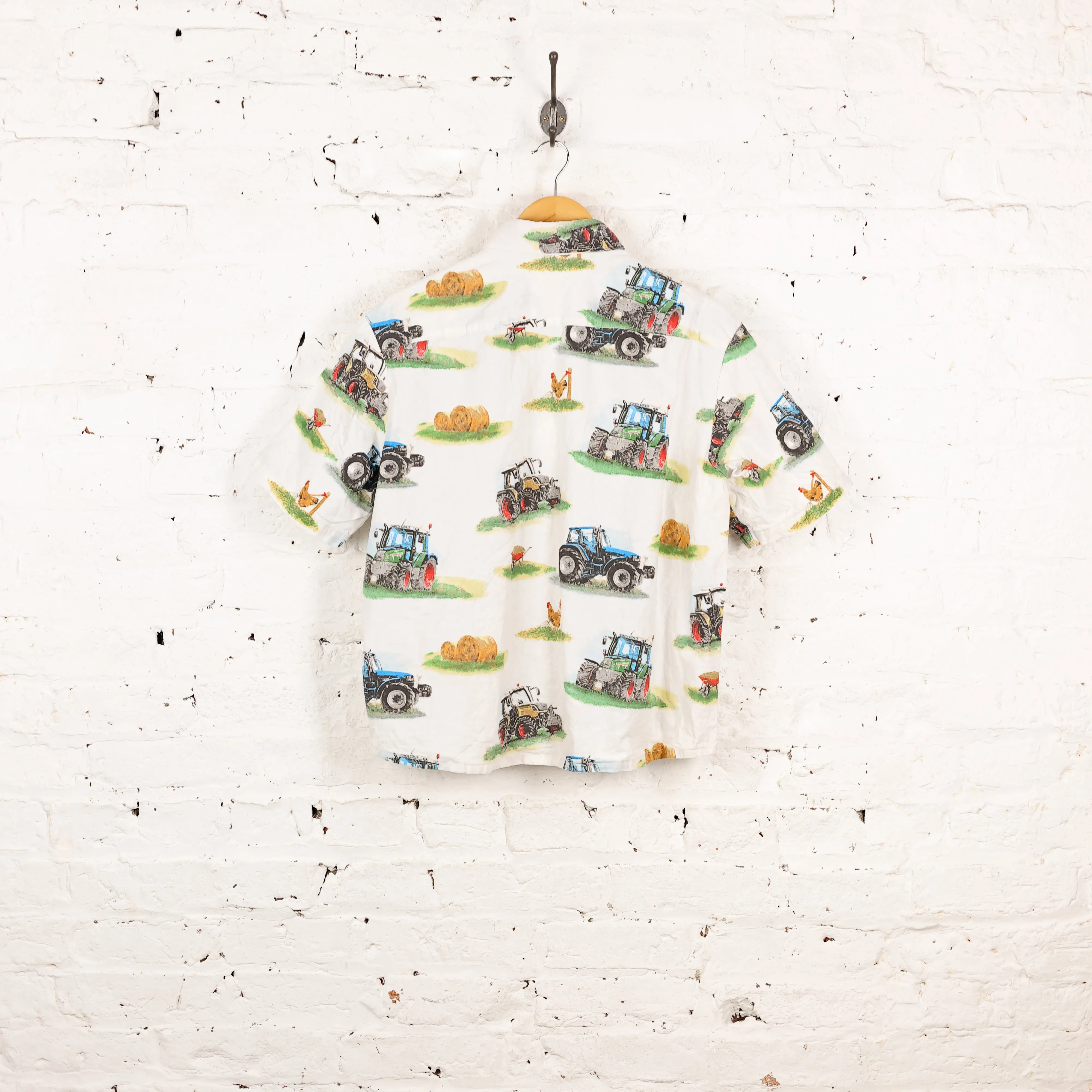 90s Tractors Pattern Shirt - White - XS