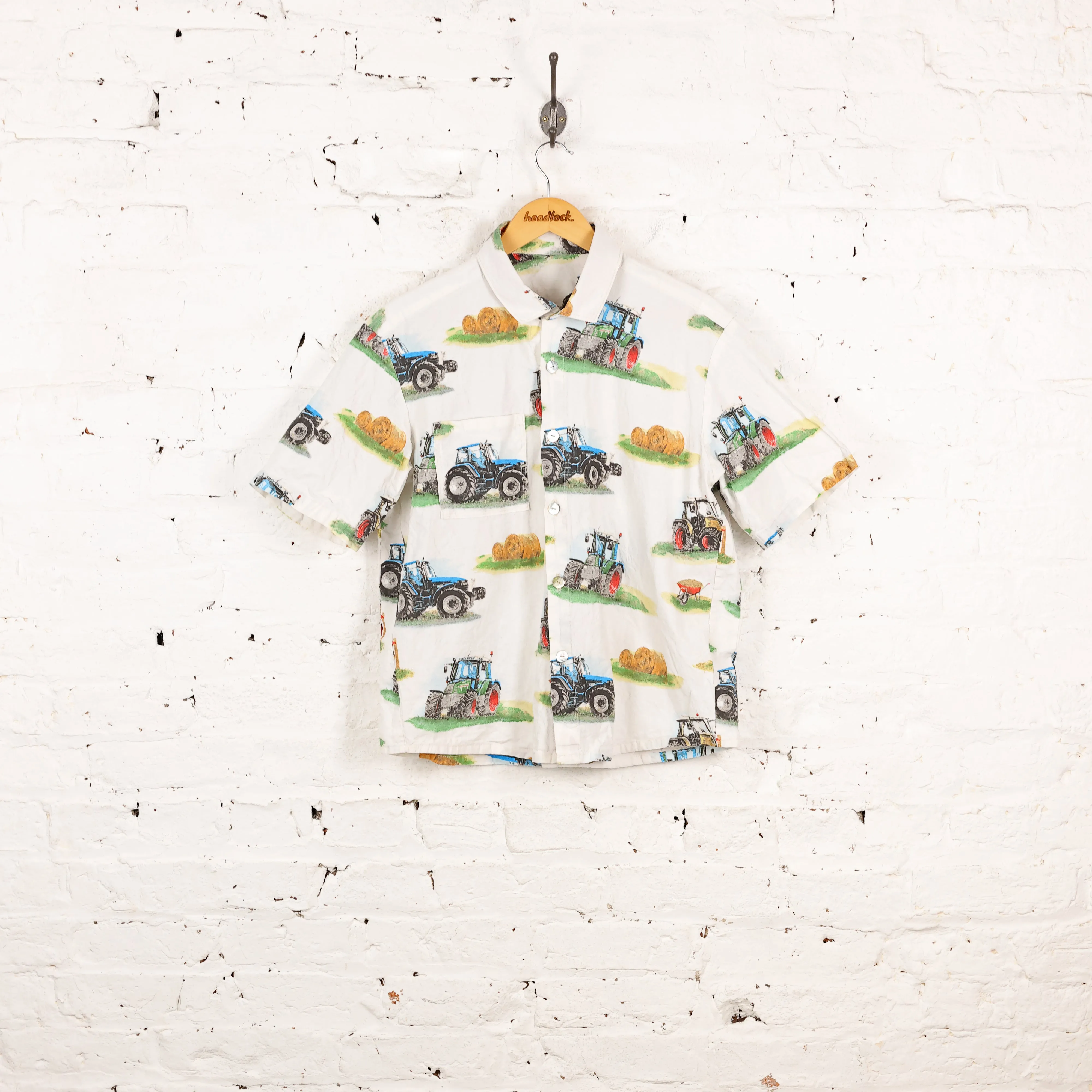 90s Tractors Pattern Shirt - White - XS