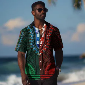 African Dashiki and Polynesian Pattern Hawaiian Shirt Half Green-Red LT9