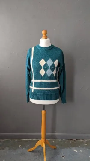Argyle Angora Sweater, 80s Sea Green Jumper, Preppy Mohair Pullover, Size Medium Large