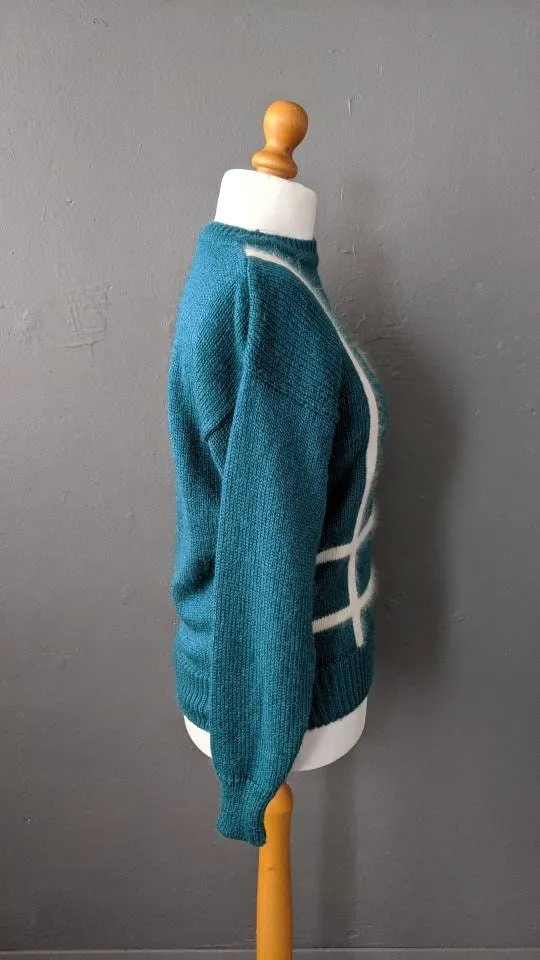 Argyle Angora Sweater, 80s Sea Green Jumper, Preppy Mohair Pullover, Size Medium Large
