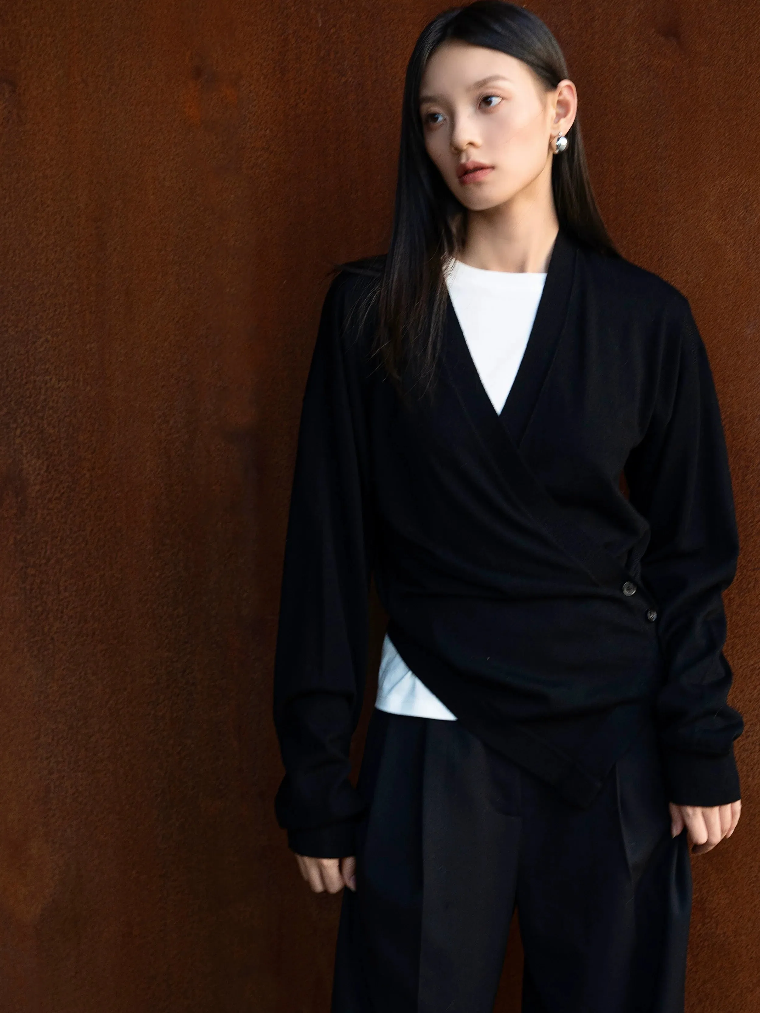 Asymmetric Wool Wrap Cardigan