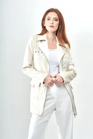 BCJ7806 Faux Vegan Leather Long Jacket in Taupe
