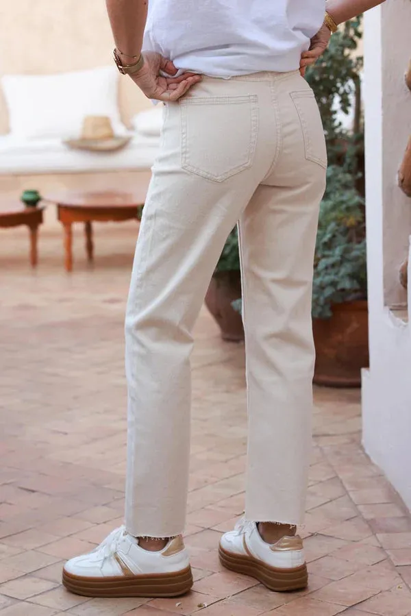 Beige Cropped Jeans with Fringe Cuff