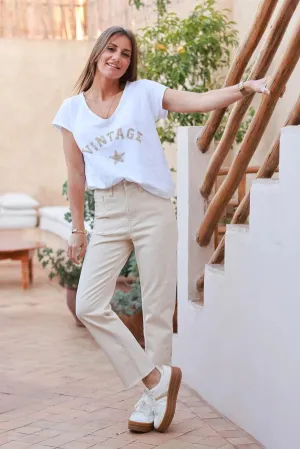 Beige Cropped Jeans with Fringe Cuff