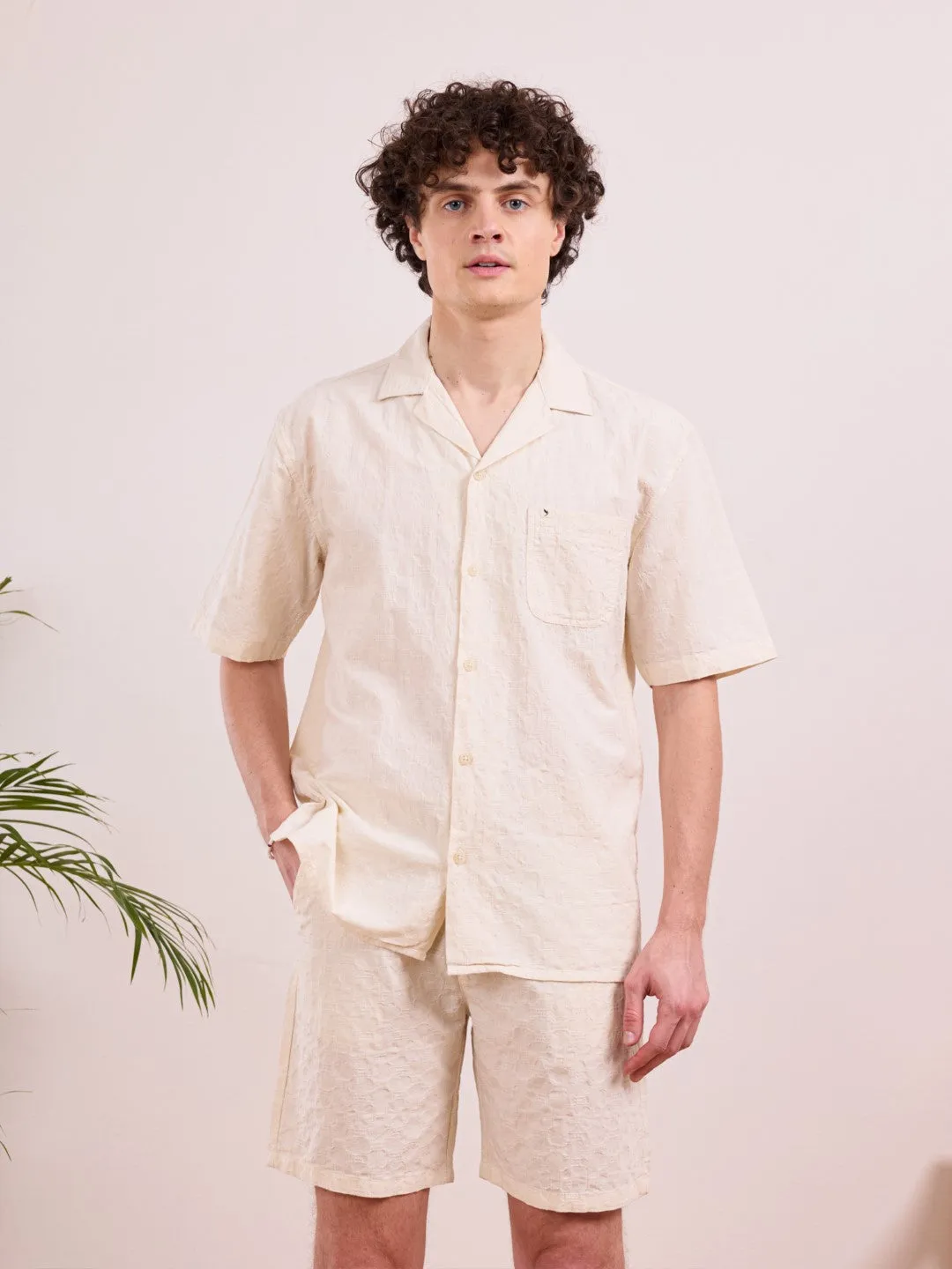 Beige Plain Cotton Resort Shirt