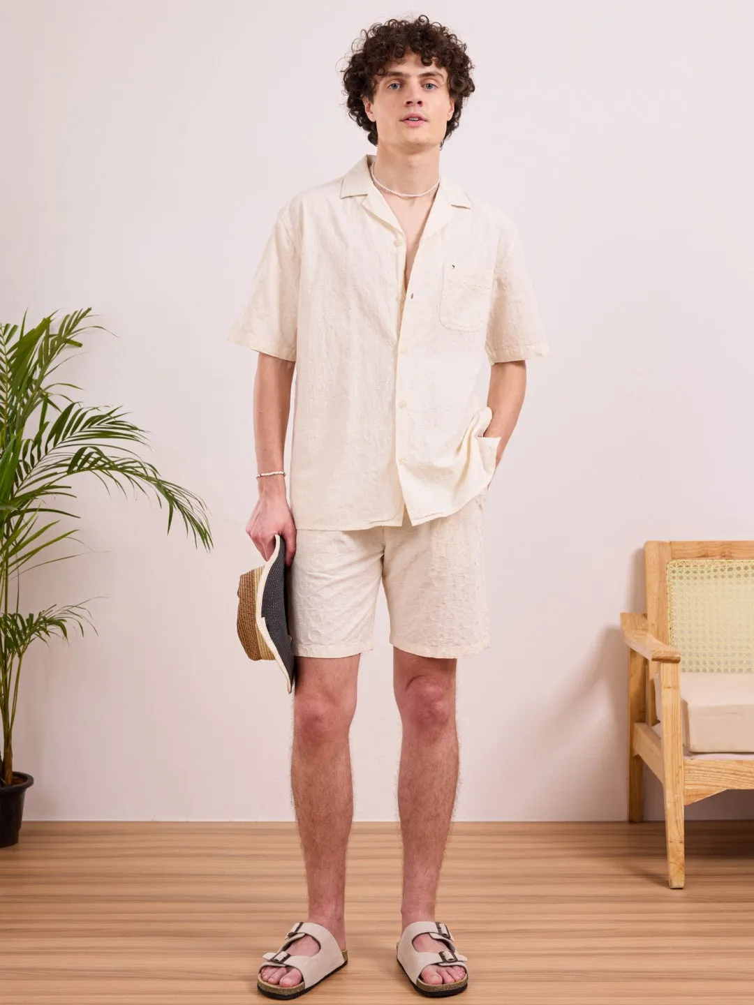 Beige Plain Cotton Resort Shirt