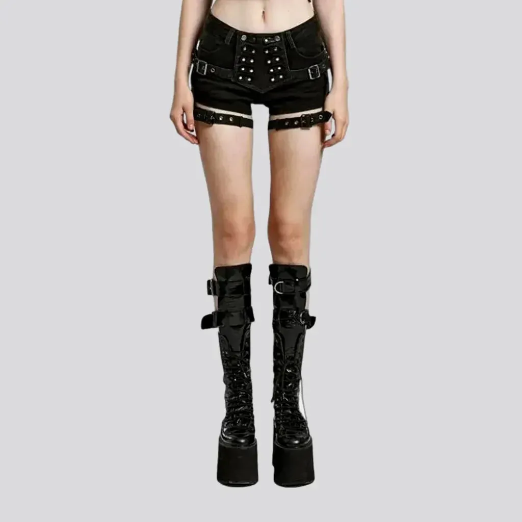 Black embellished jeans shorts for ladies