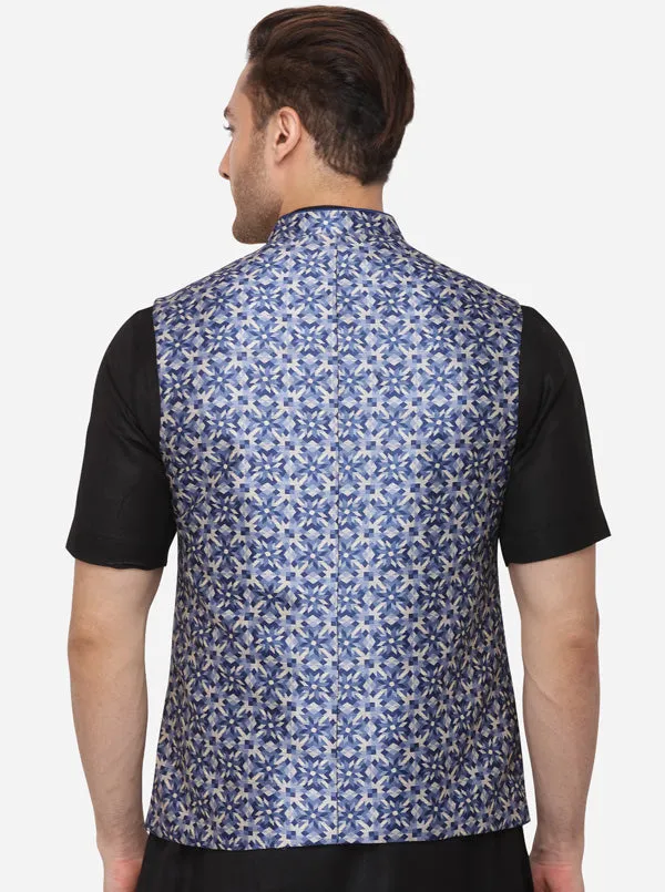 Blue & Beige Bandhgala Jacket | Greenfibre