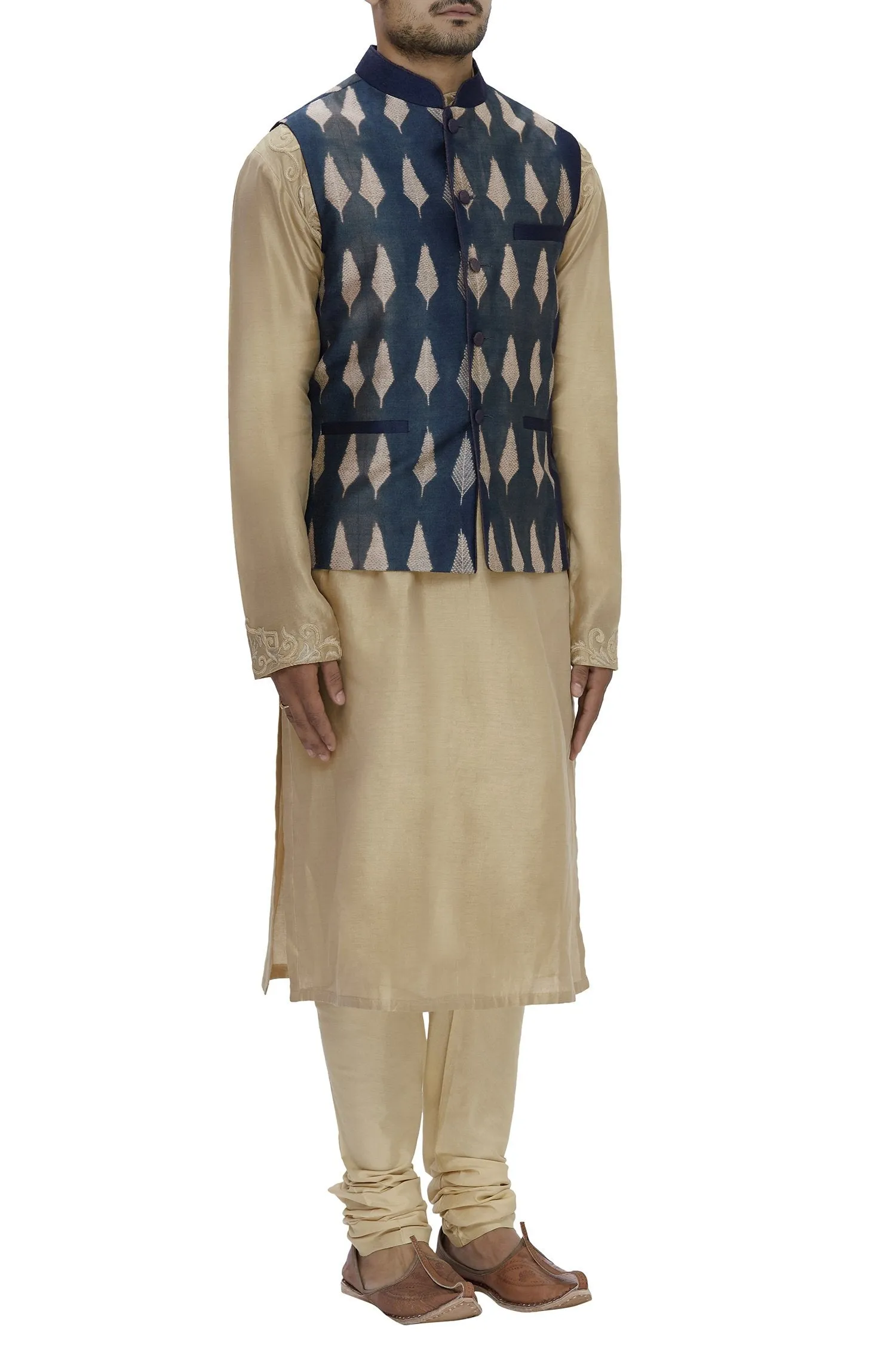 Blue Shibori Silk Nehru Jacket Bandhgala Waistcoat Bandi