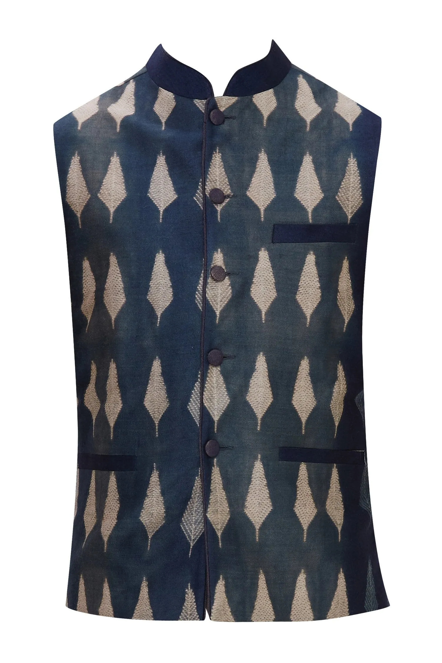 Blue Shibori Silk Nehru Jacket Bandhgala Waistcoat Bandi