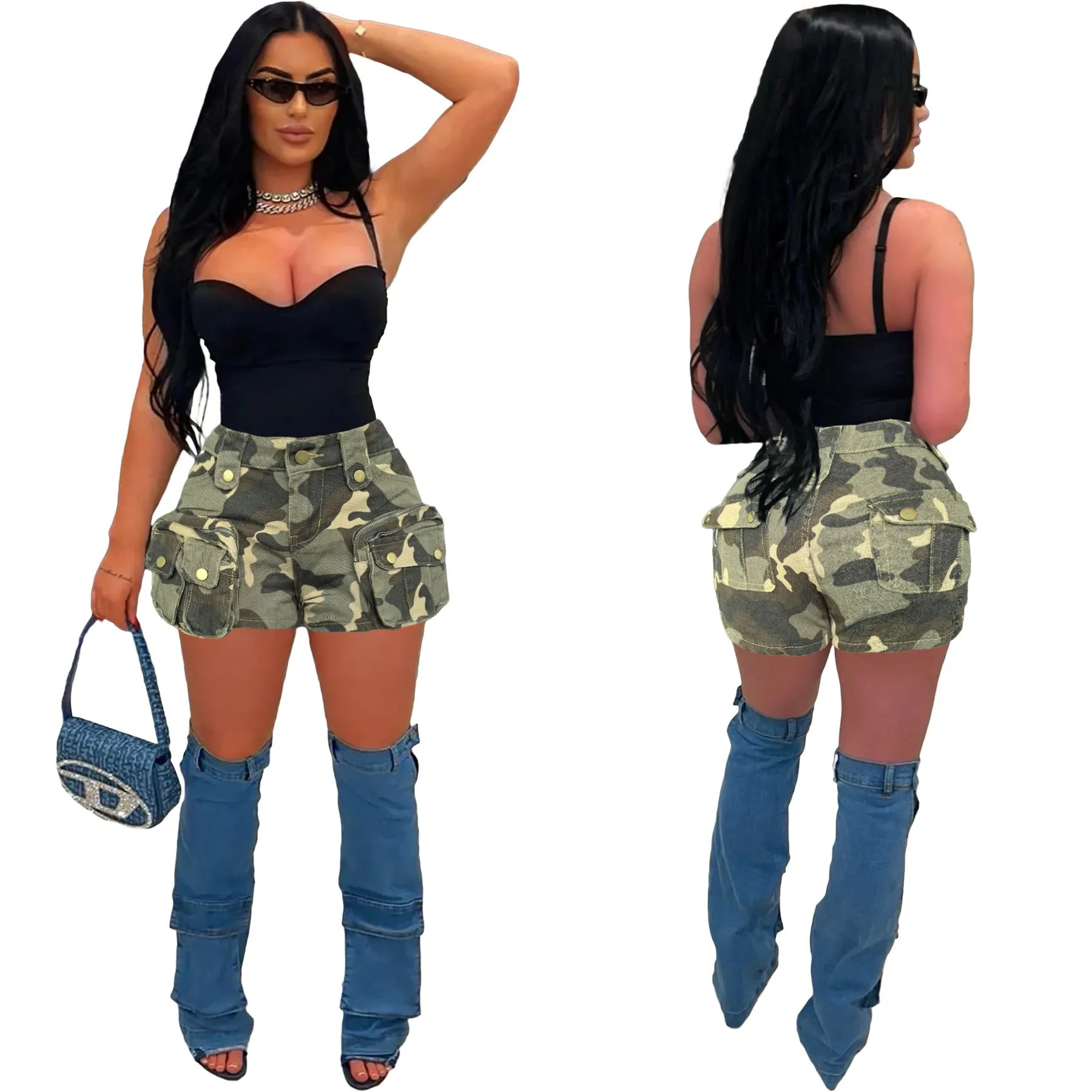 Bold Camouflage Cargo Denim Shorts with Functional Pocket Design