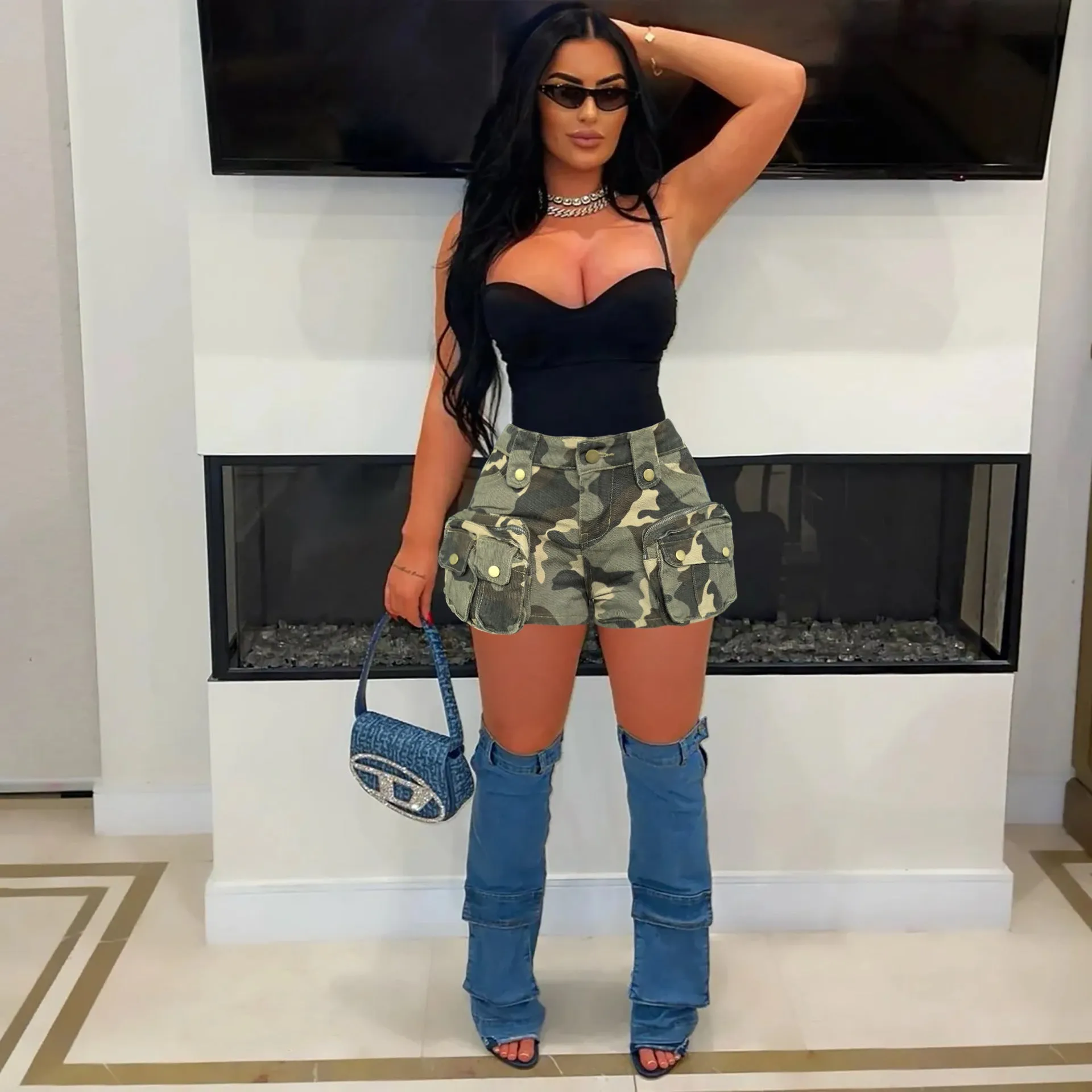 Bold Camouflage Cargo Denim Shorts with Functional Pocket Design