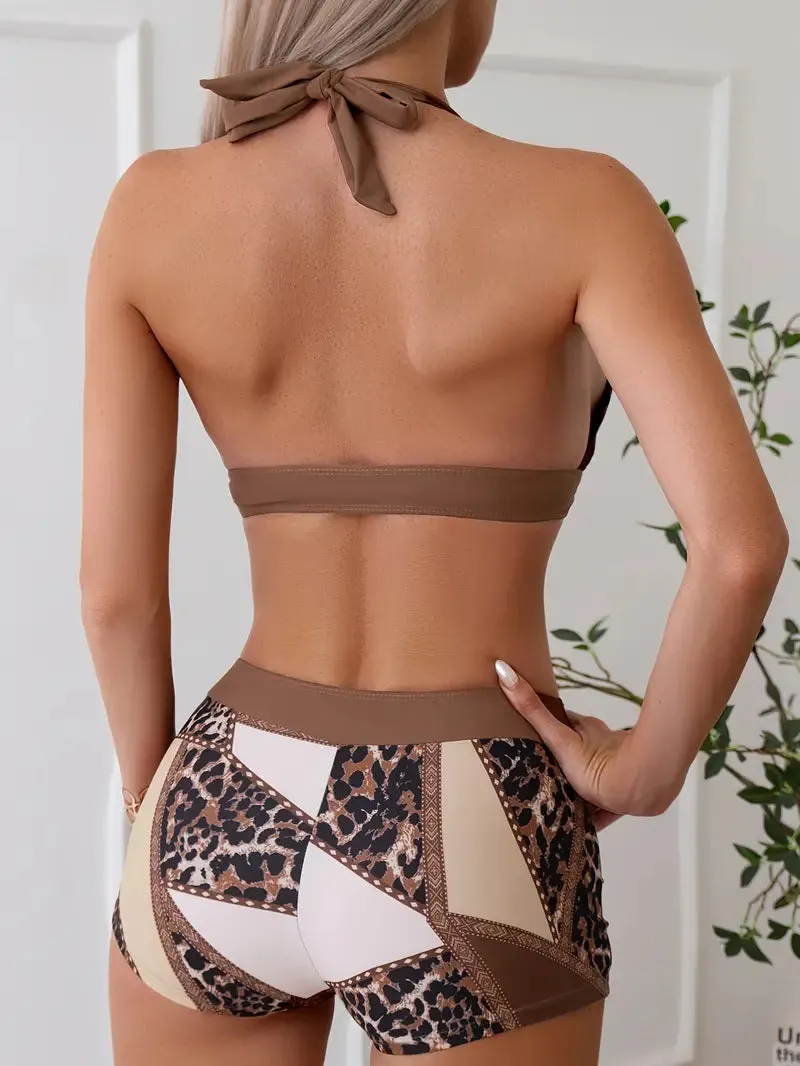 Bold Lace-Up Halter Bikini with High-Waisted Square-Leg Shorts