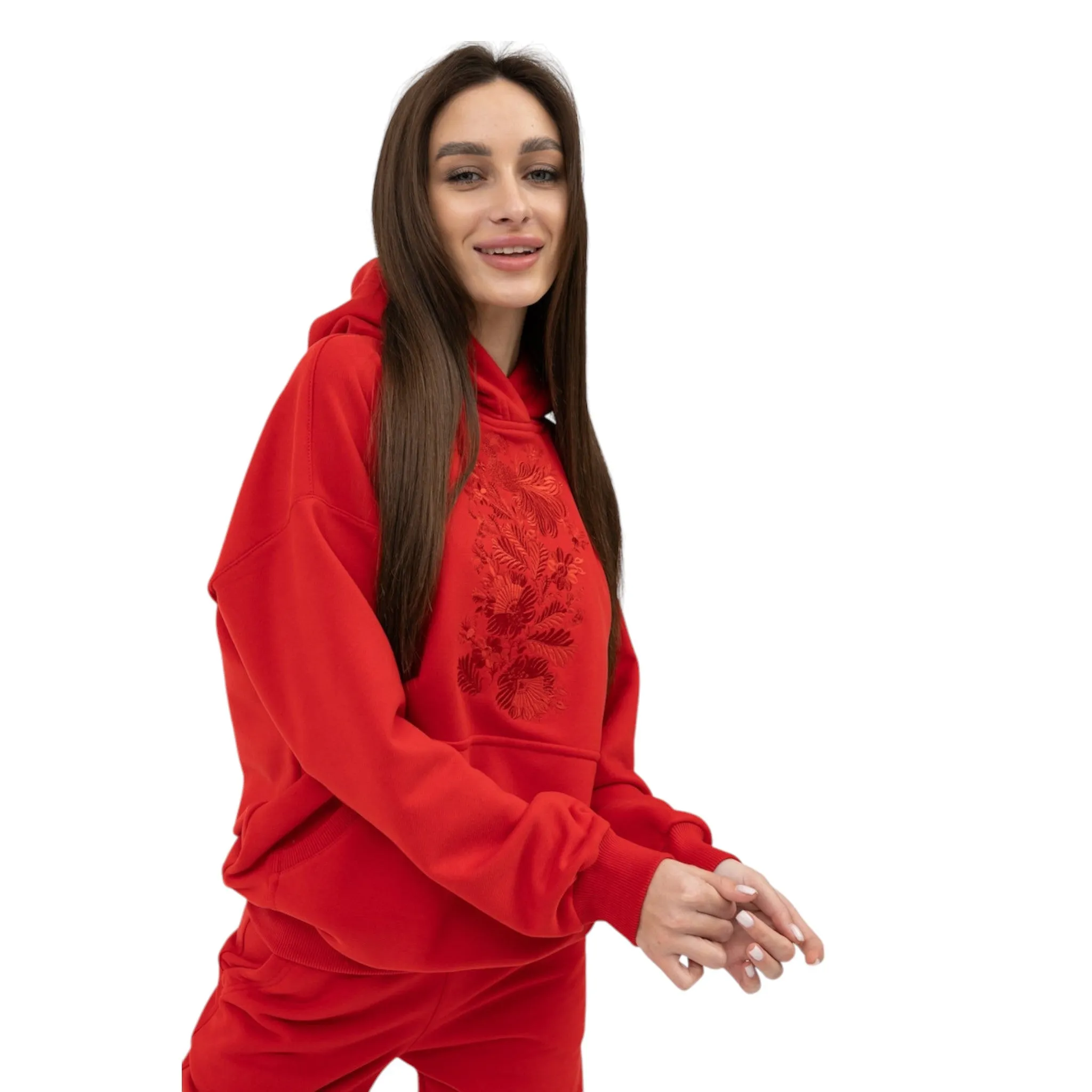 Bold Red Women's Tracksuit with Intricate Hoodie Design