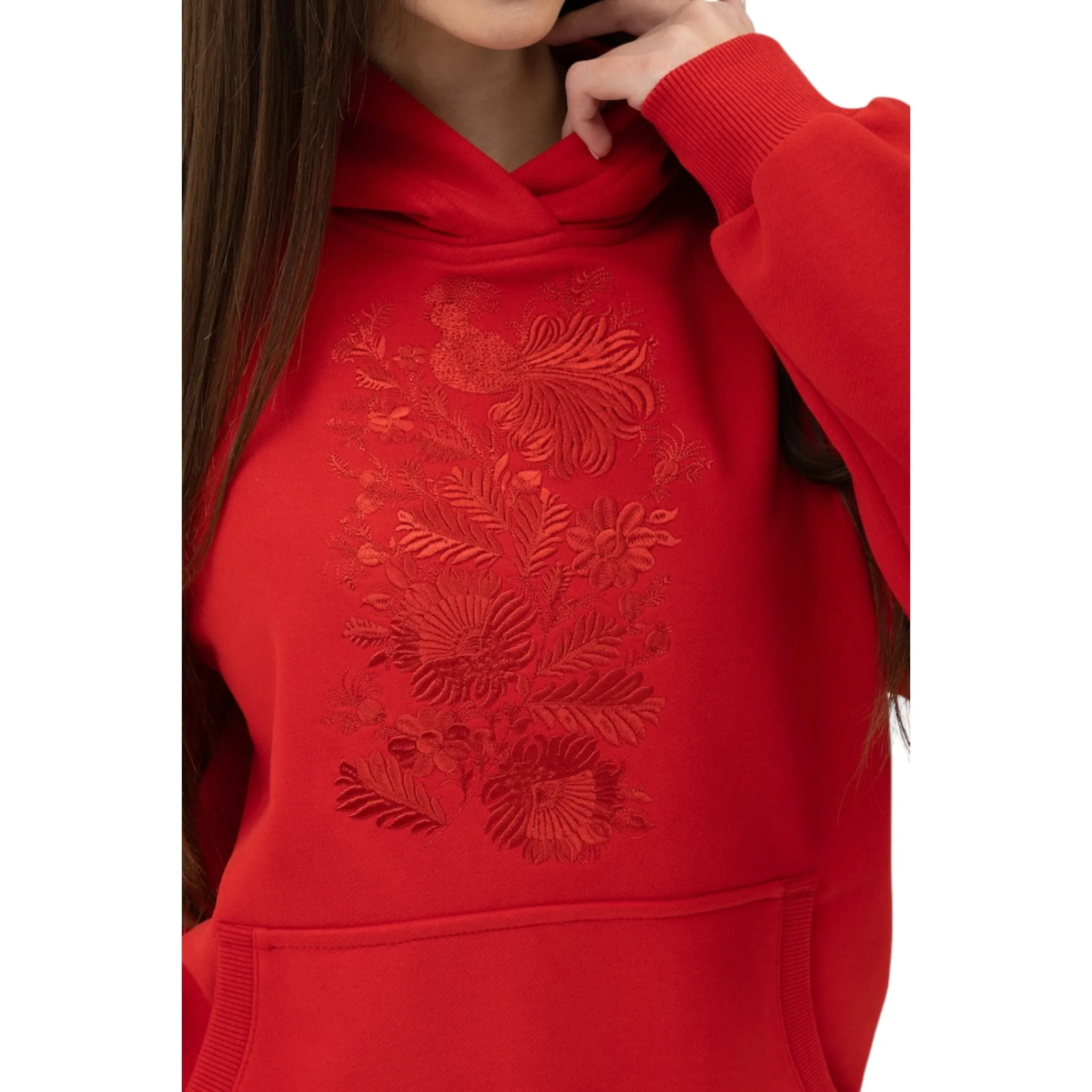Bold Red Women's Tracksuit with Intricate Hoodie Design