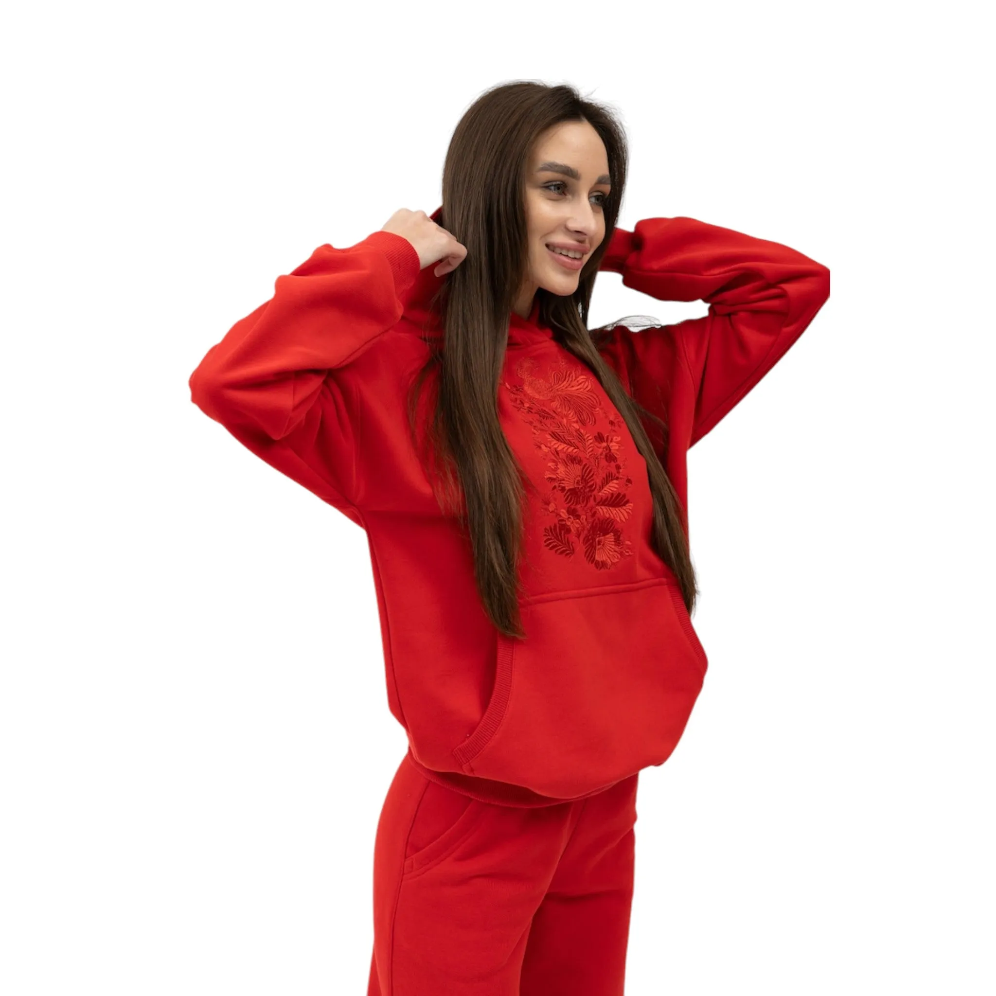 Bold Red Women's Tracksuit with Intricate Hoodie Design