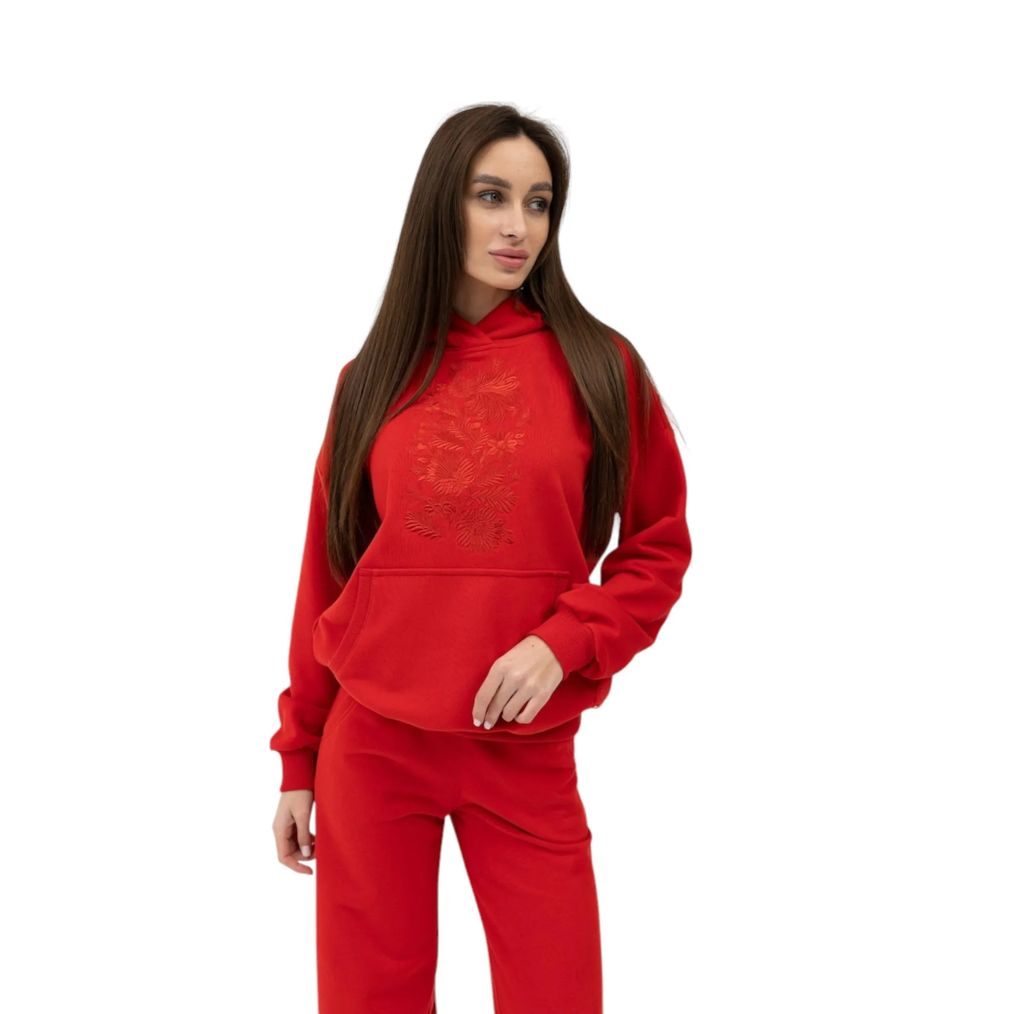 Bold Red Women's Tracksuit with Intricate Hoodie Design