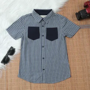 Boys Double Pocket Checkered Shirt Emerald Navy