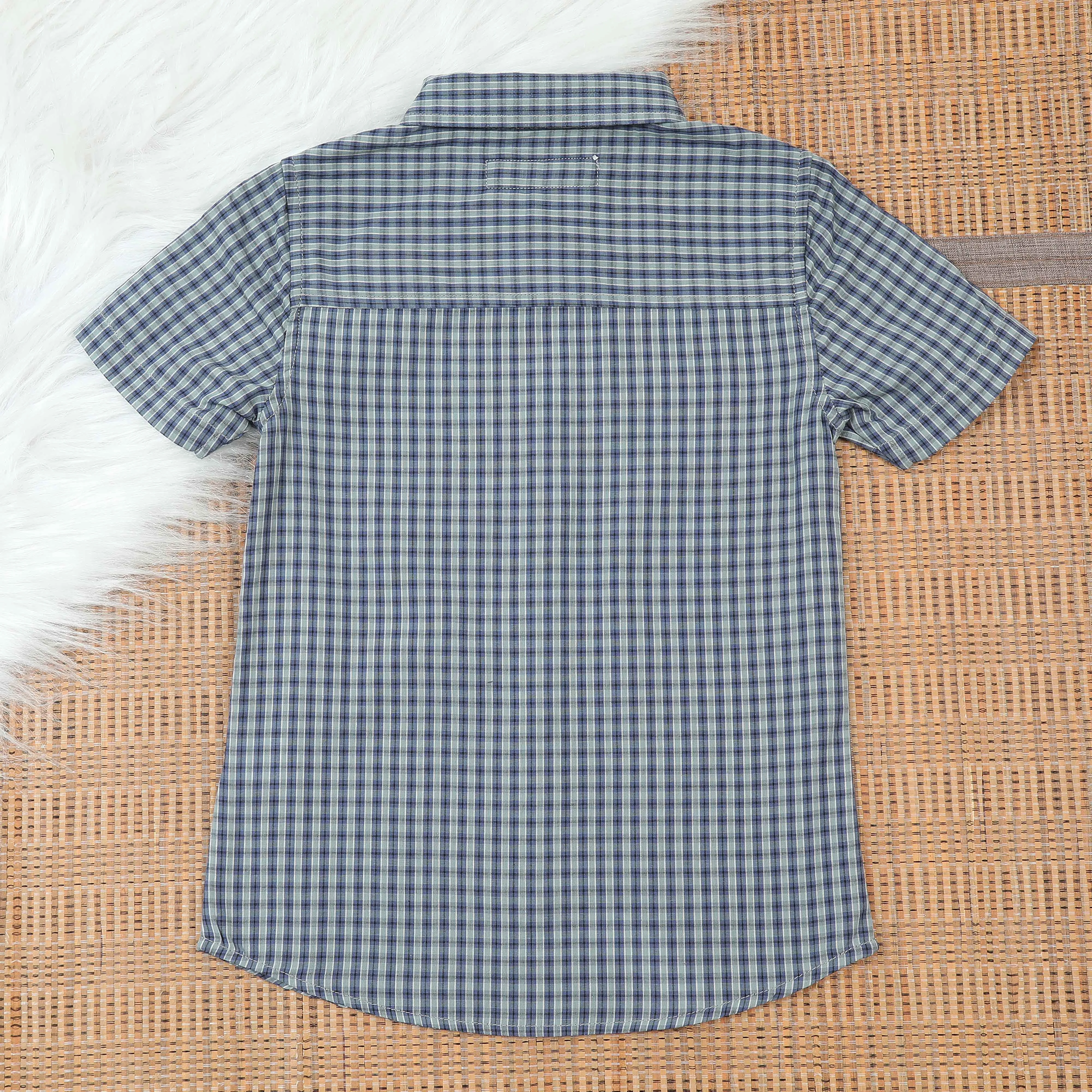 Boys Double Pocket Checkered Shirt Emerald Navy