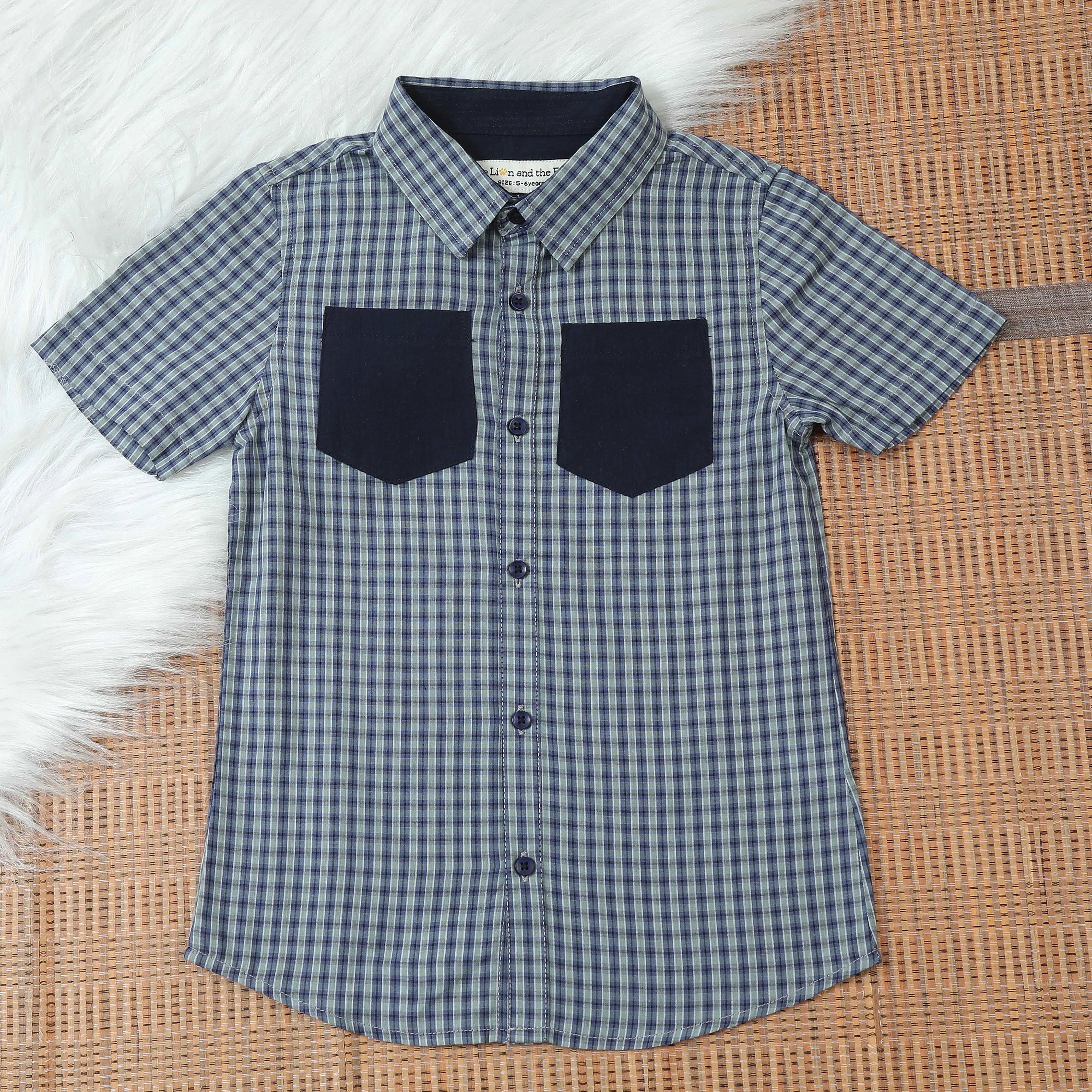 Boys Double Pocket Checkered Shirt Emerald Navy