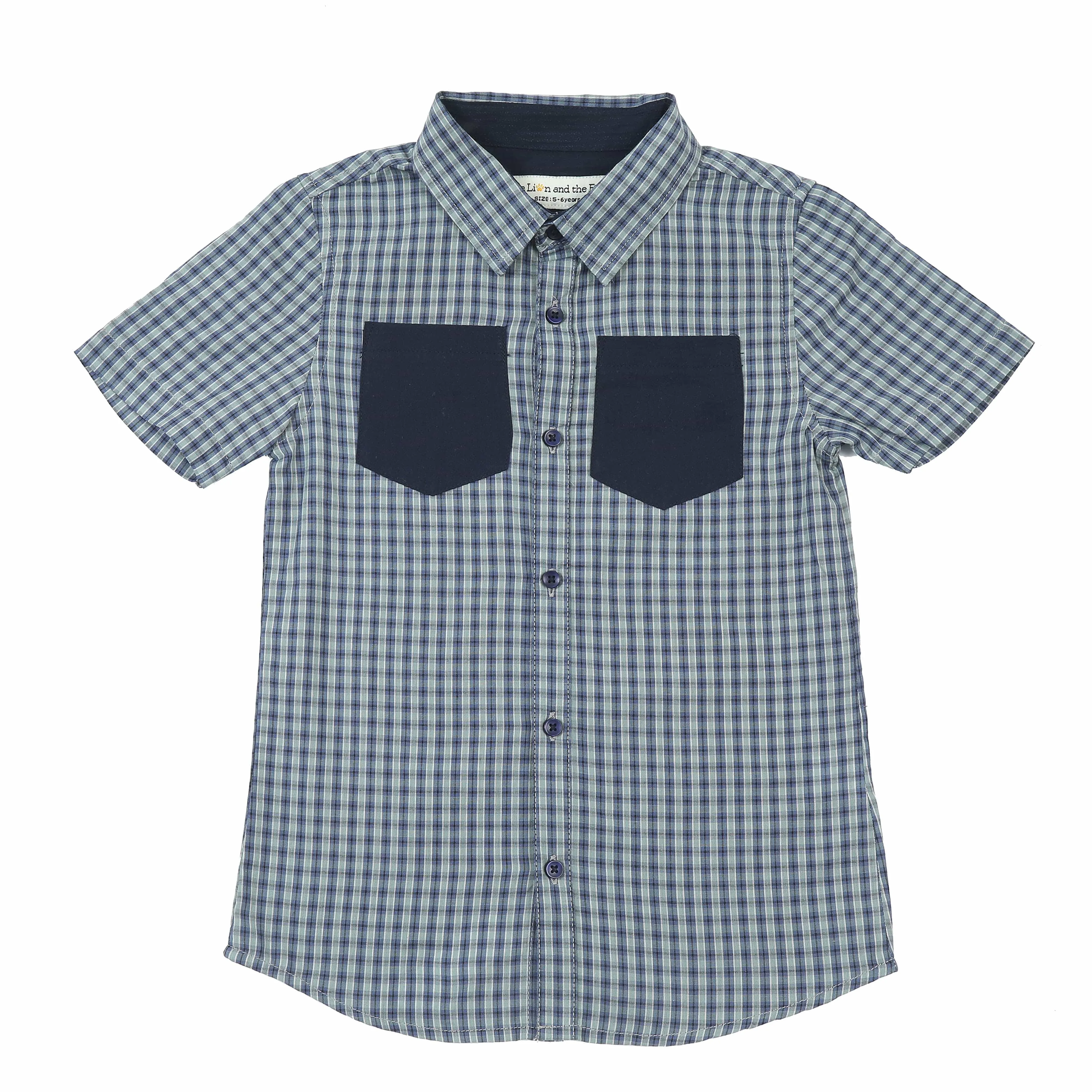 Boys Double Pocket Checkered Shirt Emerald Navy