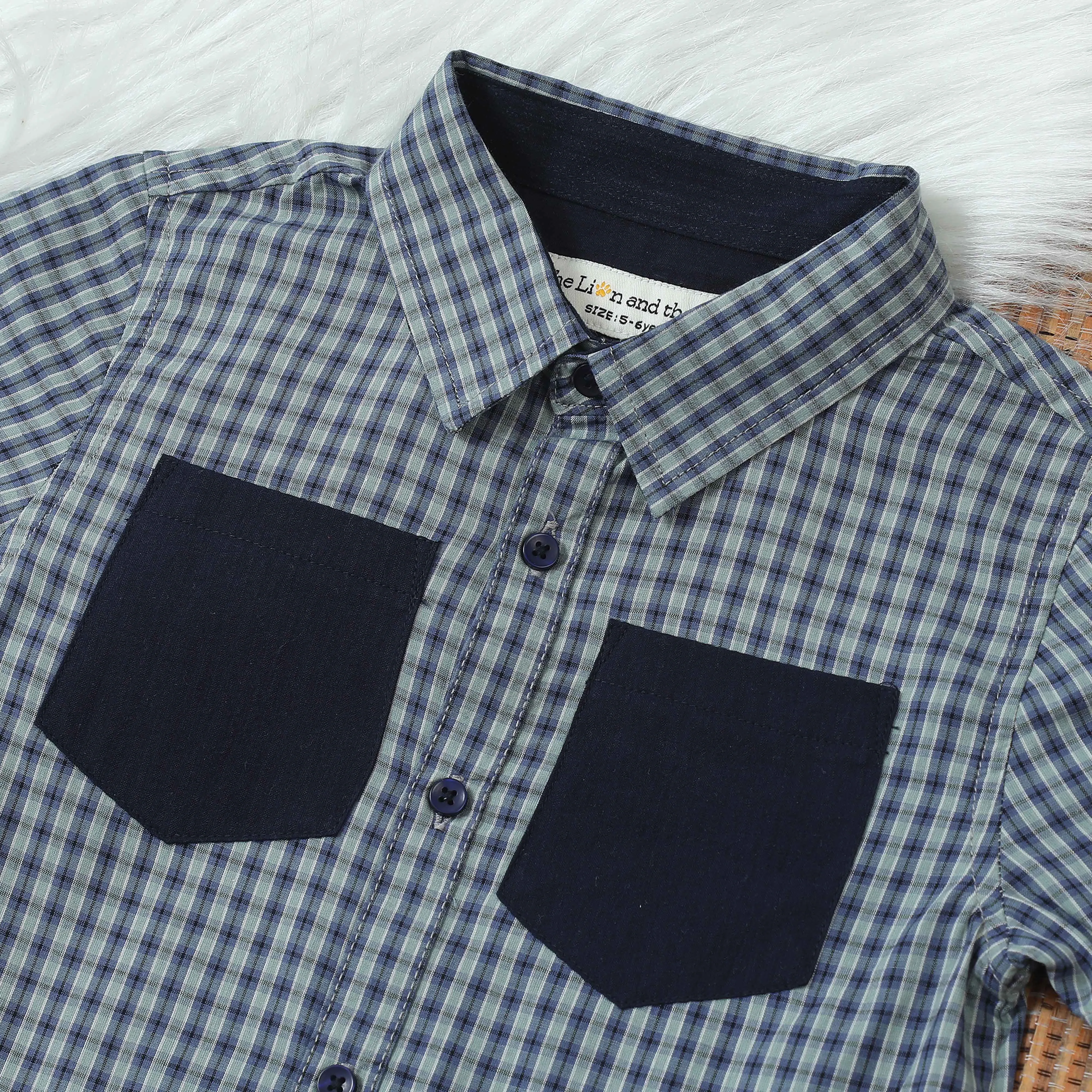 Boys Double Pocket Checkered Shirt Emerald Navy