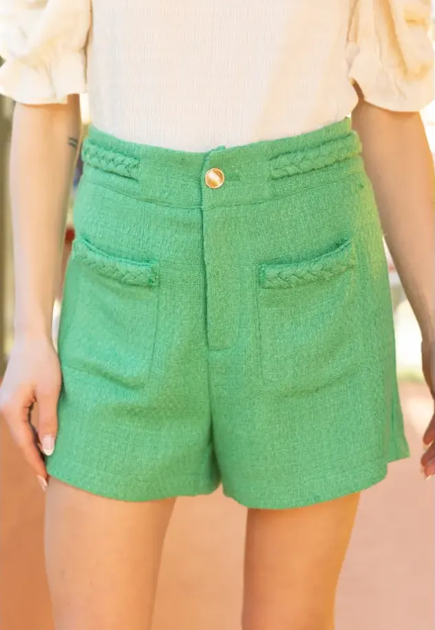 Braid Waist Gold Button Tweed Short - Green