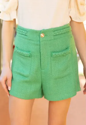 Braid Waist Gold Button Tweed Short - Green