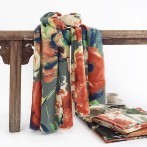 Buddha Stones Tibetan Chinese Retro Ink Painting Flower Print Shawl Fall Winter Cozy Warm Scarf Wrap