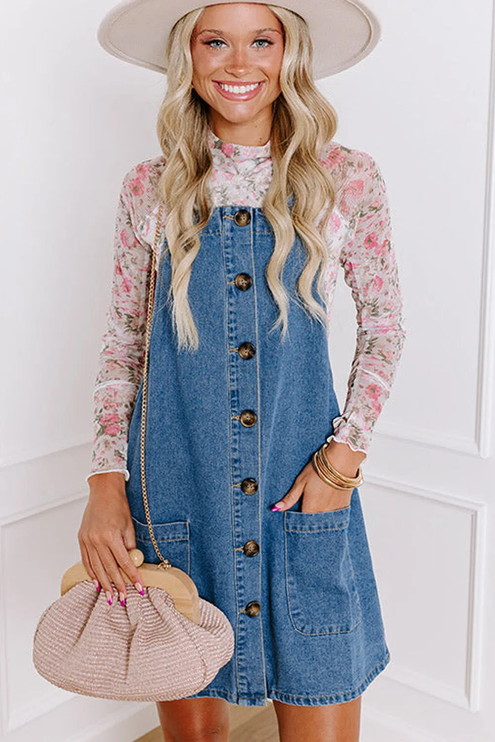 Button Front Overall Denim Mini Dress
