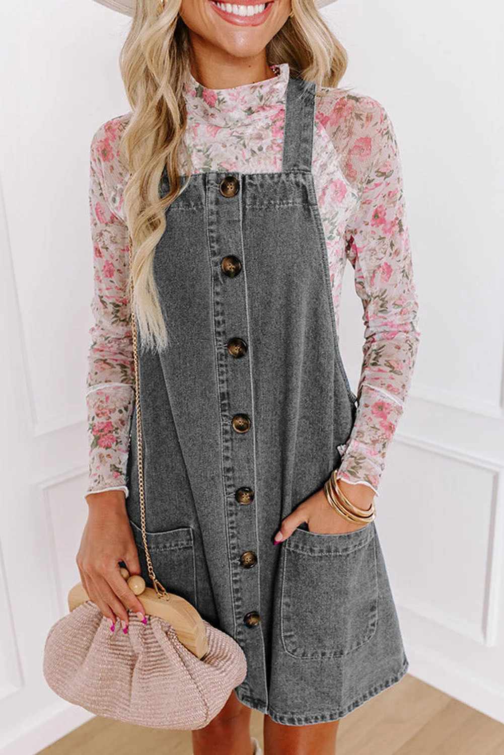 Button Front Overall Denim Mini Dress