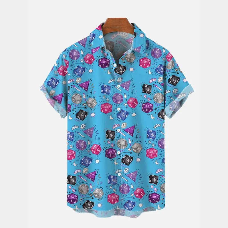 Cartoon Colorful Dice On Blue Printing Short Sleeve Shirt